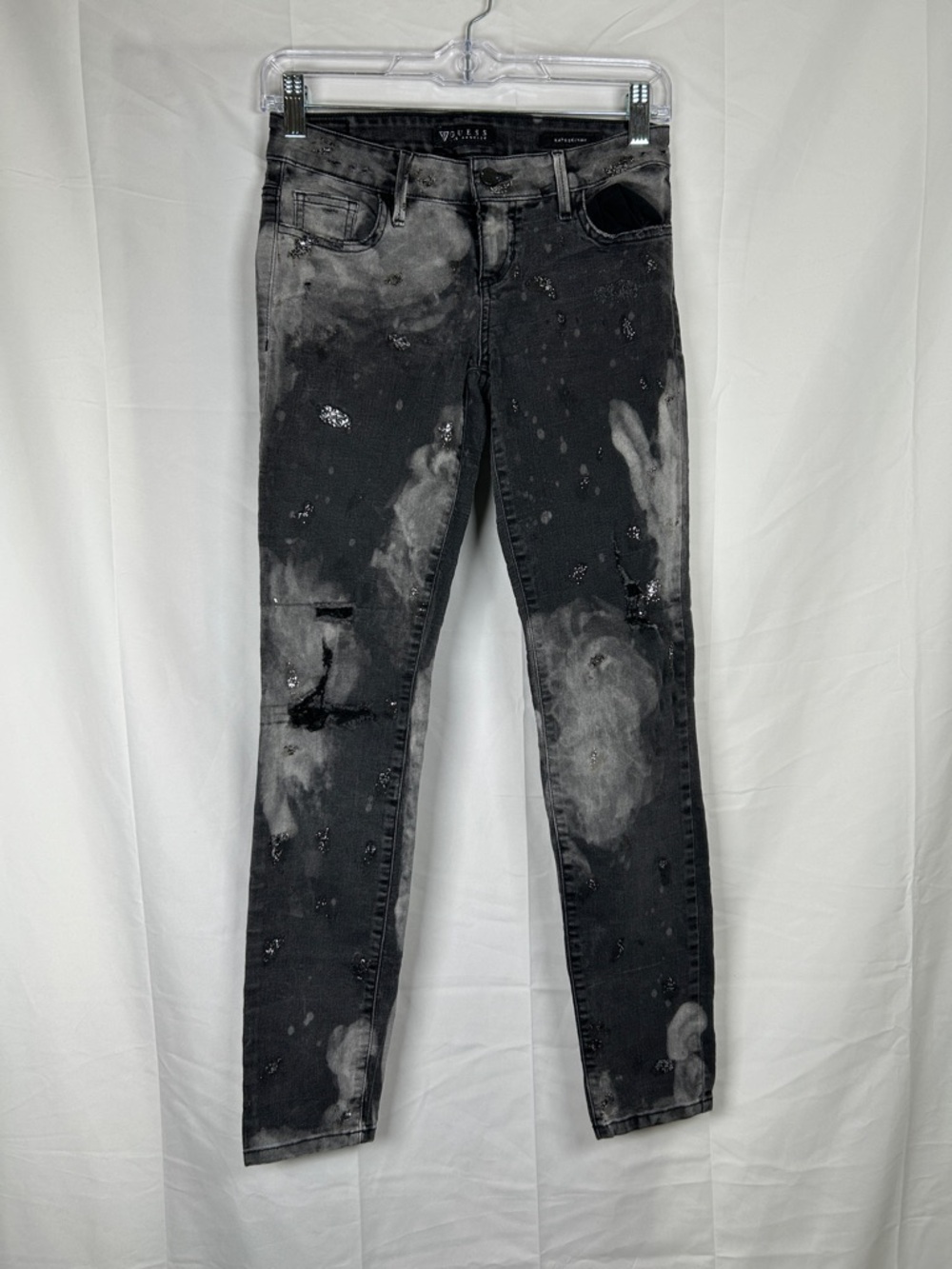 Guess Kate Skinny Stretch Distressed Jeans Women’s Size 25 Grey Low Rise Glitter